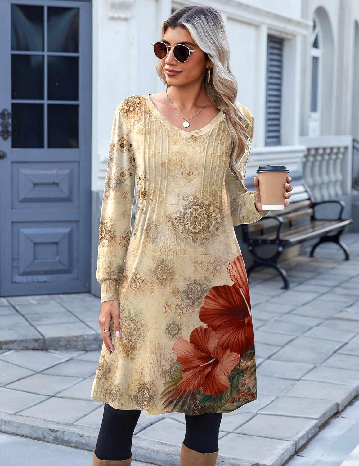 imageZeagoo Fall Dresses for Women Long Sleeve Casual Pleated V Neck Dress 2025 A Line Tunic DressBeige Floral