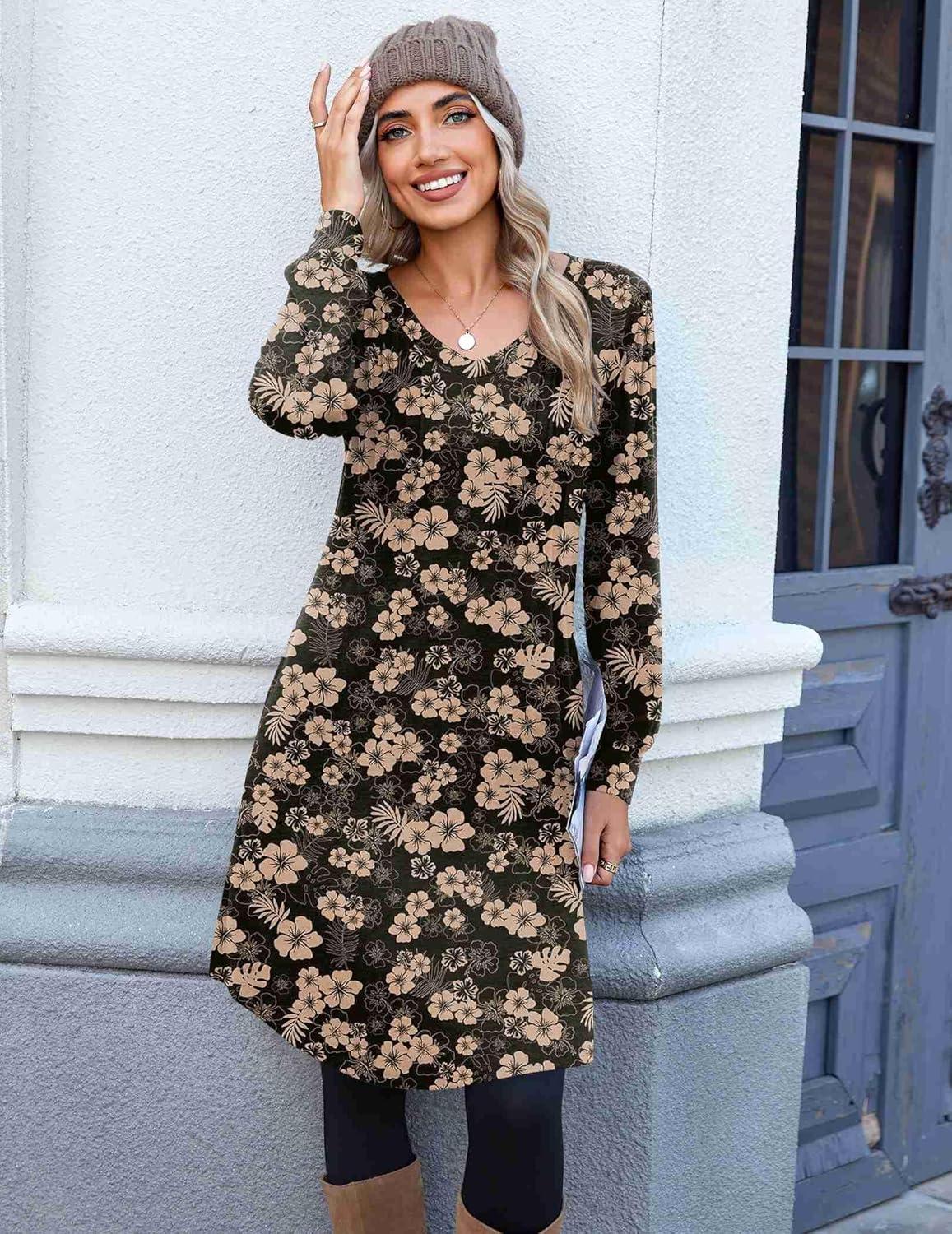 imageZeagoo Fall Dresses for Women Long Sleeve Casual Pleated V Neck Dress 2025 A Line Tunic DressBlack Floral 02