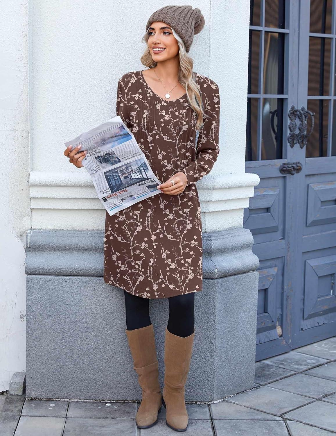 imageZeagoo Fall Dresses for Women Long Sleeve Casual Pleated V Neck Dress 2025 A Line Tunic DressBrown Floral