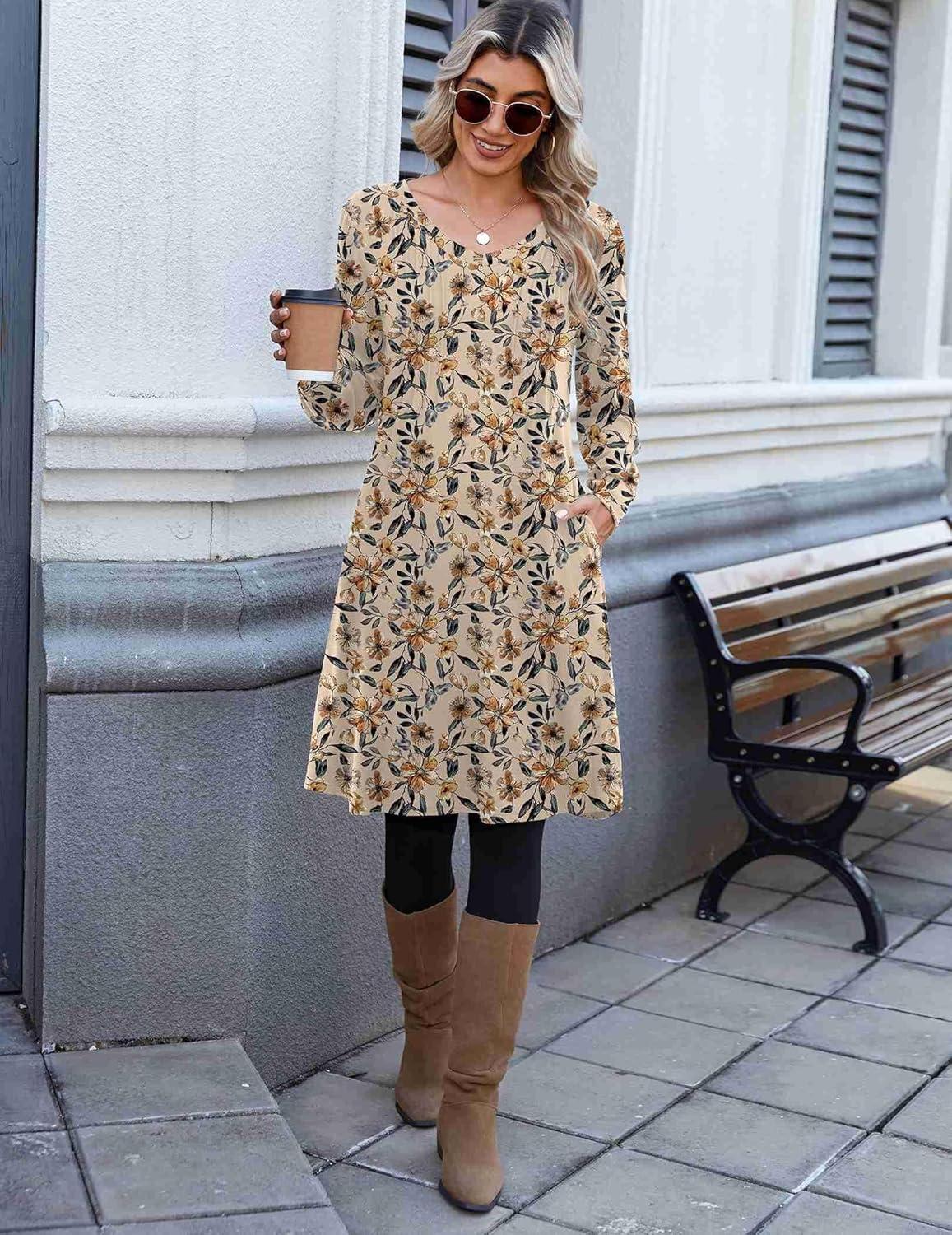 imageZeagoo Fall Dresses for Women Long Sleeve Casual Pleated V Neck Dress 2025 A Line Tunic DressLight Khaki Floral