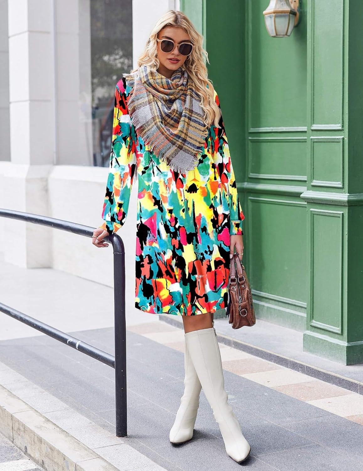 imageZeagoo Fall Dresses for Women Long Sleeve Casual Pleated V Neck Dress 2025 A Line Tunic DressMixed Printed