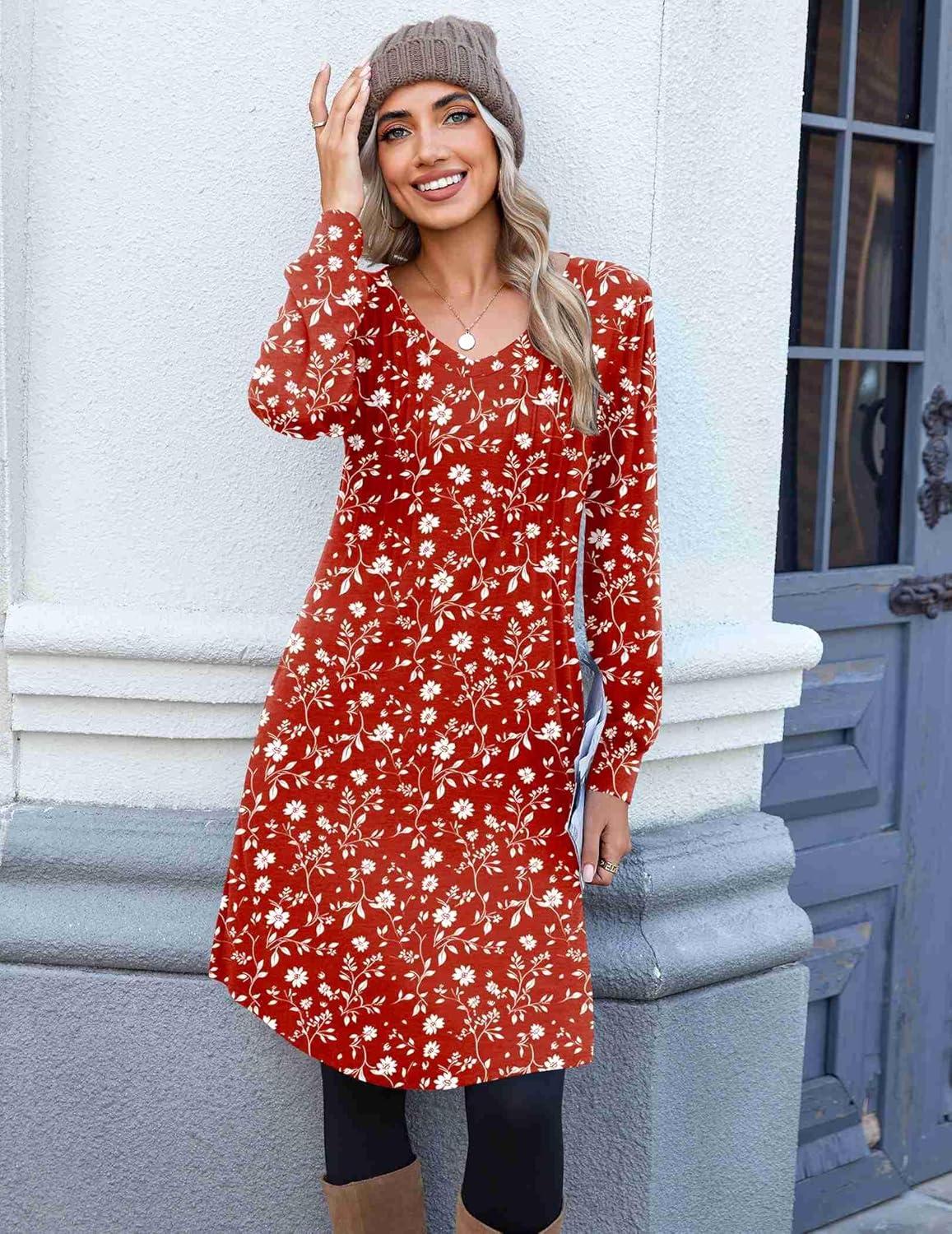 imageZeagoo Fall Dresses for Women Long Sleeve Casual Pleated V Neck Dress 2025 A Line Tunic DressRed Floral
