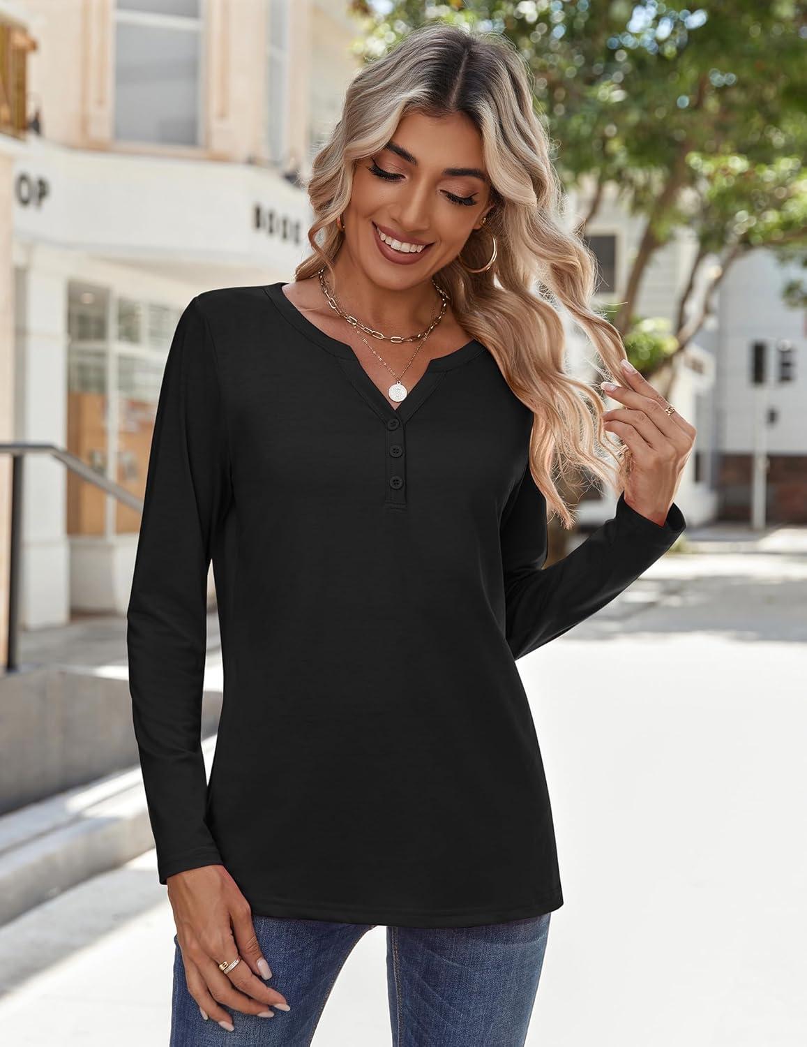 imageZeagoo Long Sleeve Shirts for Women Casual V Neck Fall Tops Dressy Summer Work Blouses ClothesBlack