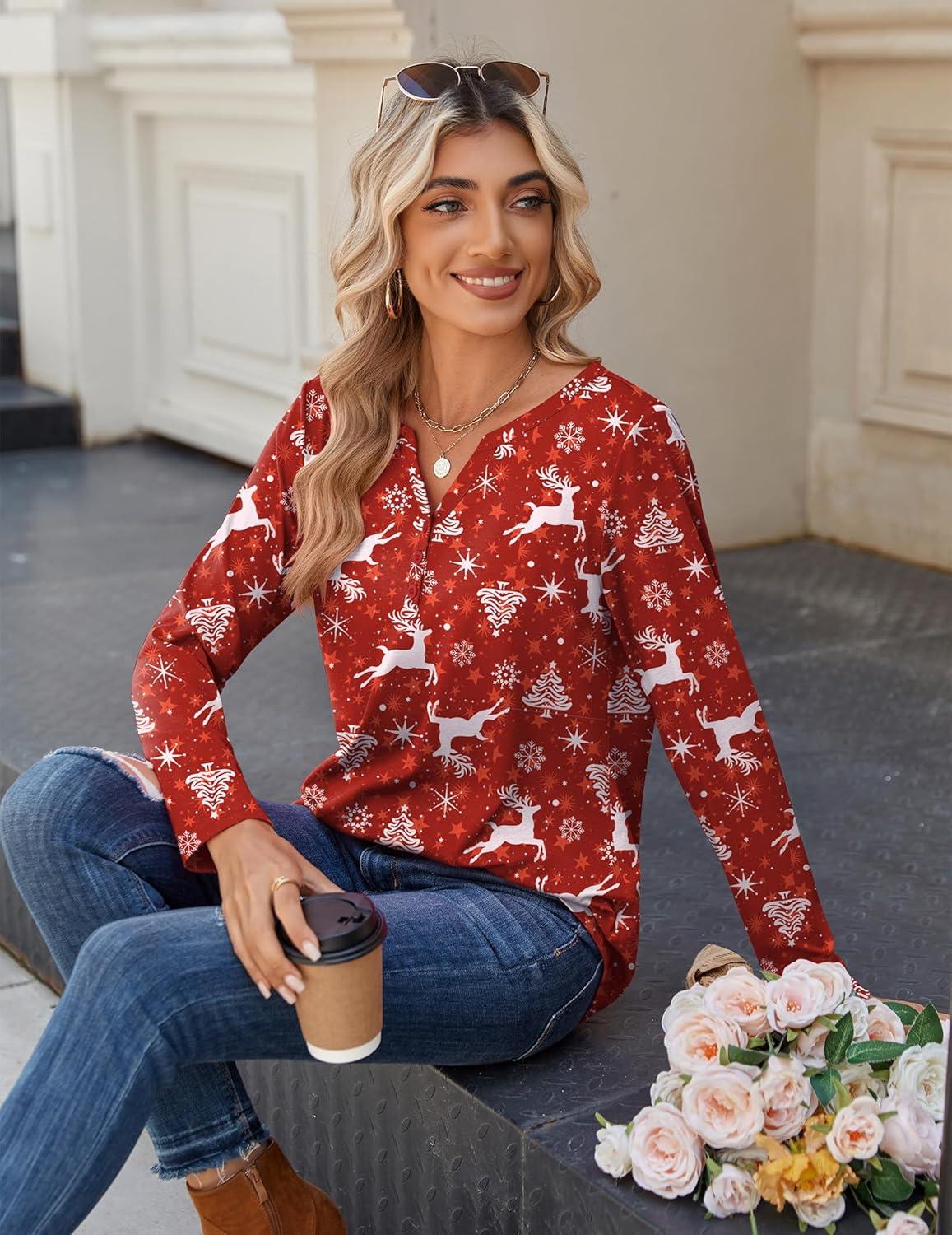 imageZeagoo Long Sleeve Shirts for Women Casual V Neck Fall Tops Dressy Summer Work Blouses ClothesChristmas Red