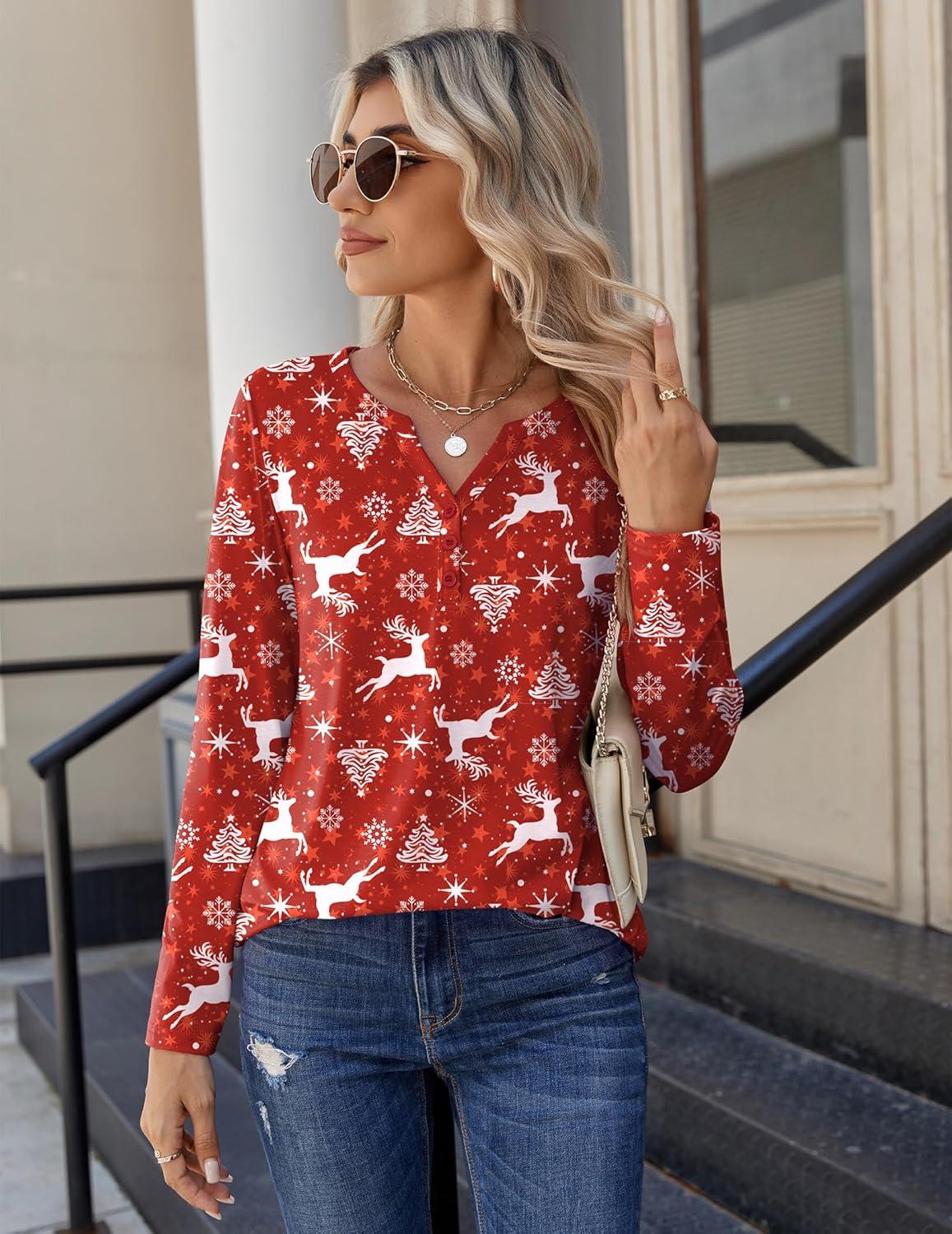 imageZeagoo Long Sleeve Shirts for Women Casual V Neck Fall Tops Dressy Summer Work Blouses ClothesChristmas Red