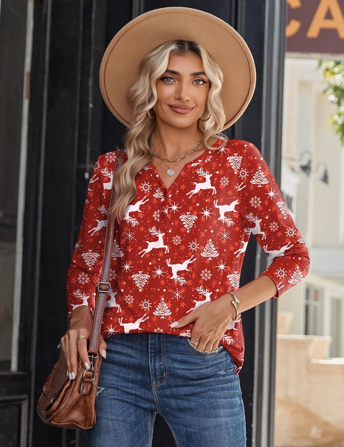 imageZeagoo Long Sleeve Shirts for Women Casual V Neck Fall Tops Dressy Summer Work Blouses ClothesChristmas Red