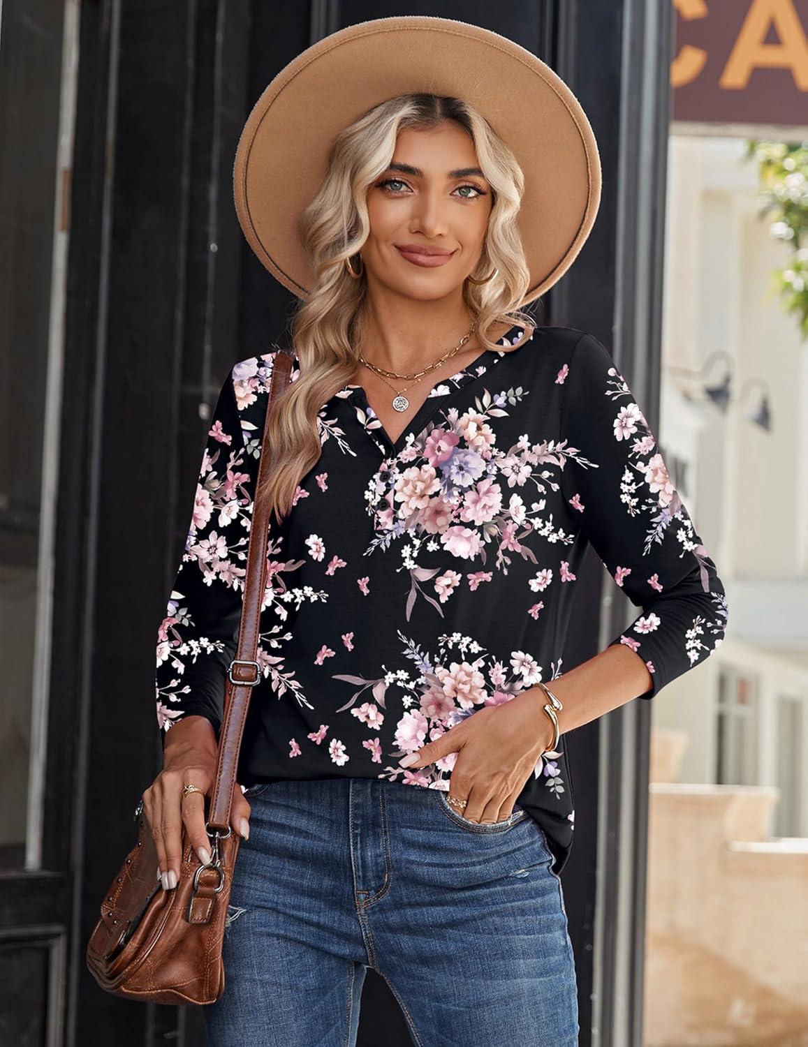 imageZeagoo Long Sleeve Shirts for Women Casual V Neck Fall Tops Dressy Summer Work Blouses ClothesFloral Black
