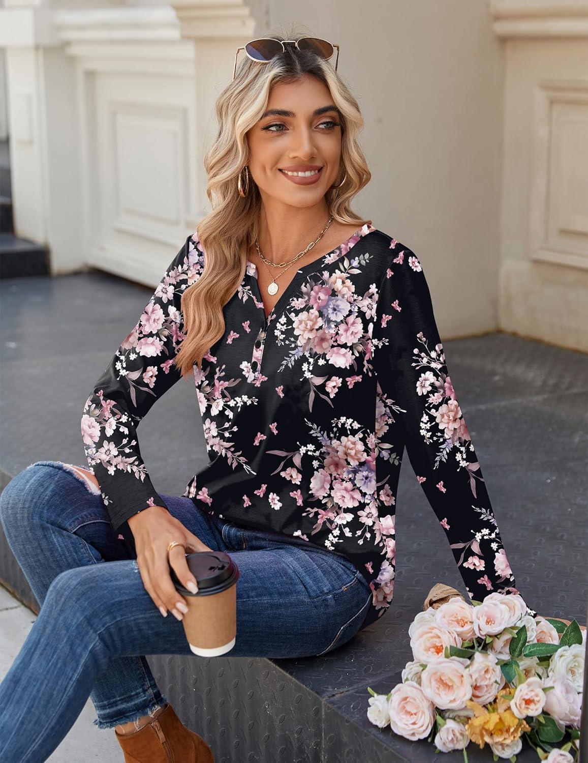 imageZeagoo Long Sleeve Shirts for Women Casual V Neck Fall Tops Dressy Summer Work Blouses ClothesFloral Black