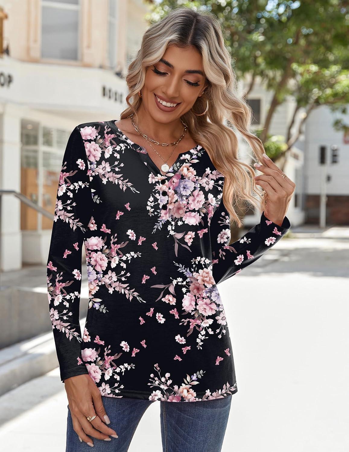 imageZeagoo Long Sleeve Shirts for Women Casual V Neck Fall Tops Dressy Summer Work Blouses ClothesFloral Black