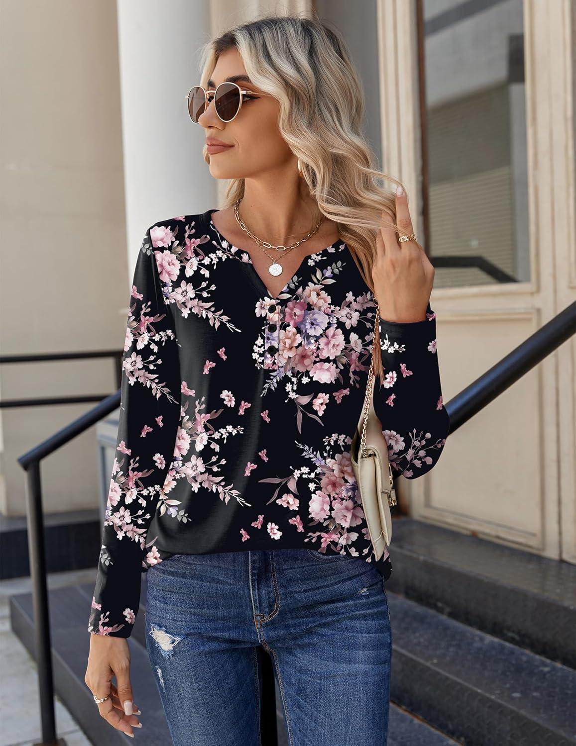 imageZeagoo Long Sleeve Shirts for Women Casual V Neck Fall Tops Dressy Summer Work Blouses ClothesFloral Black