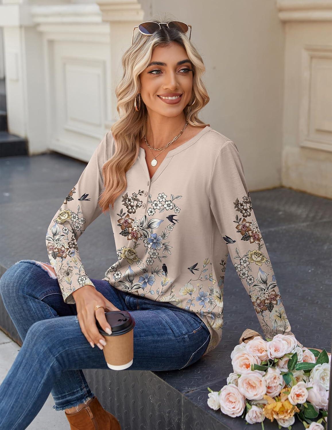 imageZeagoo Long Sleeve Shirts for Women Casual V Neck Fall Tops Dressy Summer Work Blouses ClothesFloral Champagne