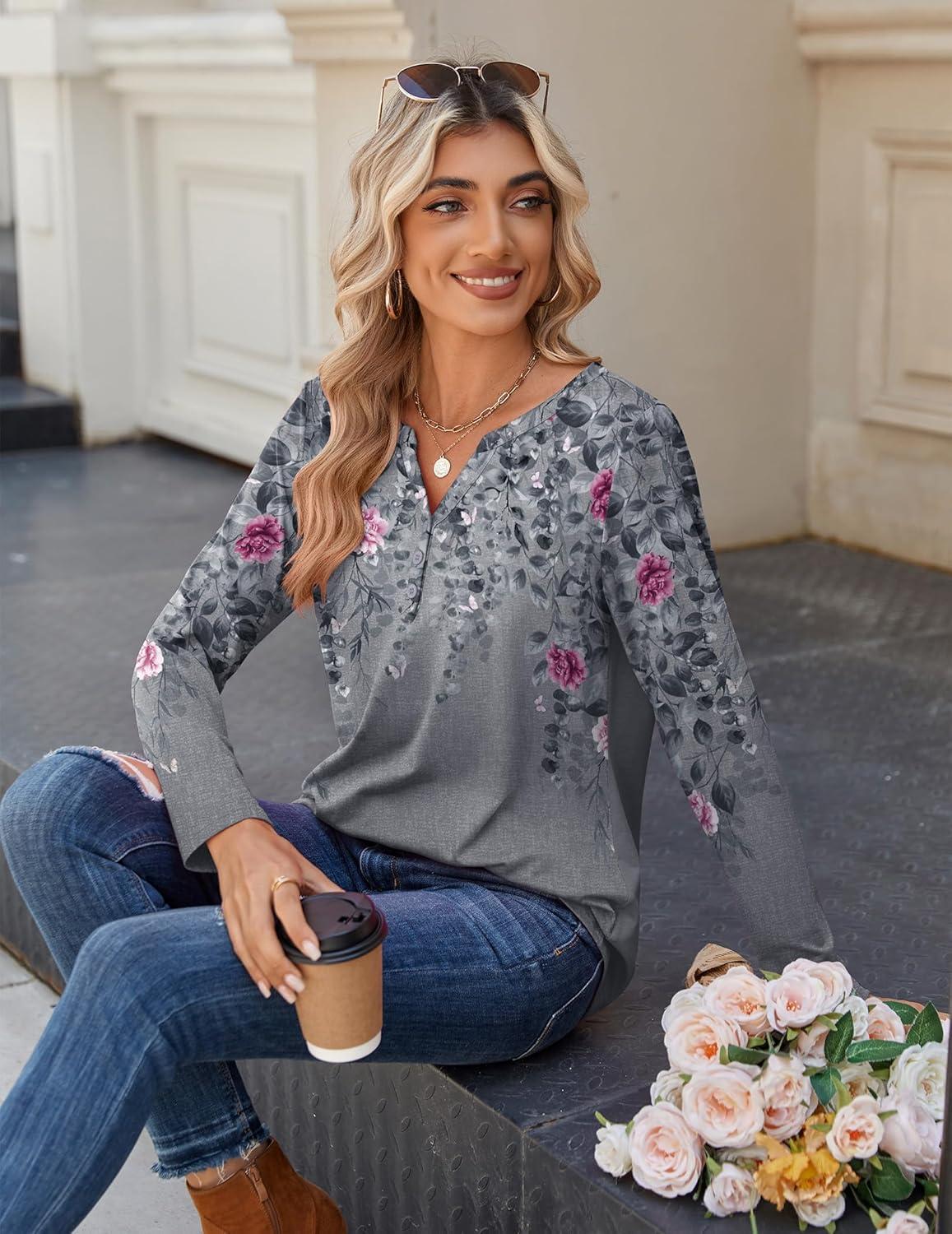 imageZeagoo Long Sleeve Shirts for Women Casual V Neck Fall Tops Dressy Summer Work Blouses ClothesFloral Grey