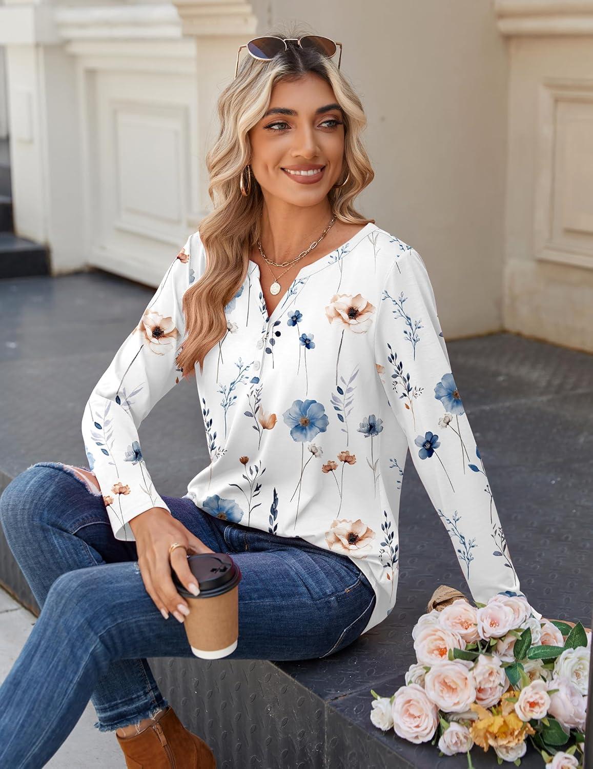 imageZeagoo Long Sleeve Shirts for Women Casual V Neck Fall Tops Dressy Summer Work Blouses ClothesFloral White