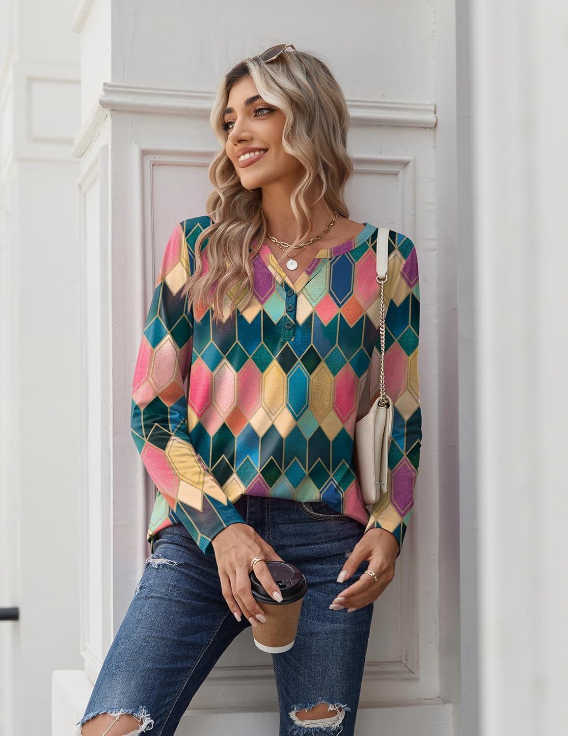 imageZeagoo Long Sleeve Shirts for Women Casual V Neck Fall Tops Dressy Summer Work Blouses ClothesGeometric 517