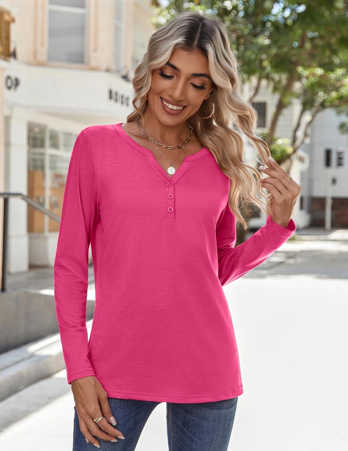 imageZeagoo Long Sleeve Shirts for Women Casual V Neck Fall Tops Dressy Summer Work Blouses ClothesHot Pink