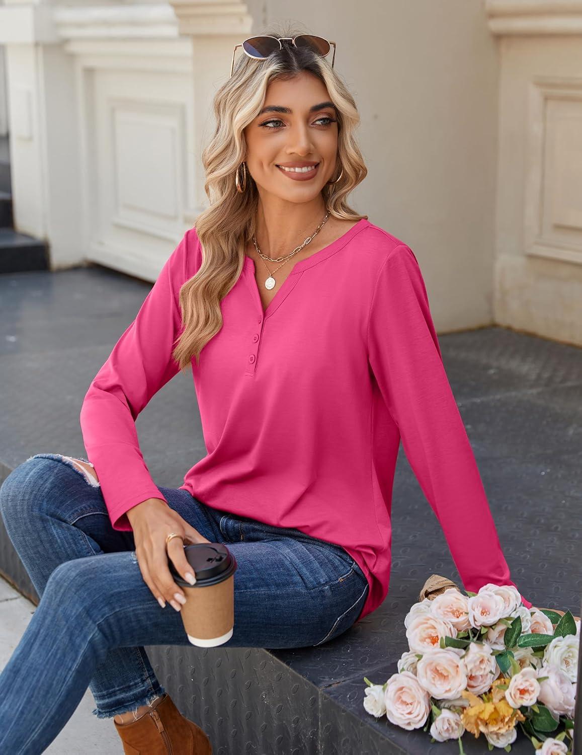 imageZeagoo Long Sleeve Shirts for Women Casual V Neck Fall Tops Dressy Summer Work Blouses ClothesHot Pink