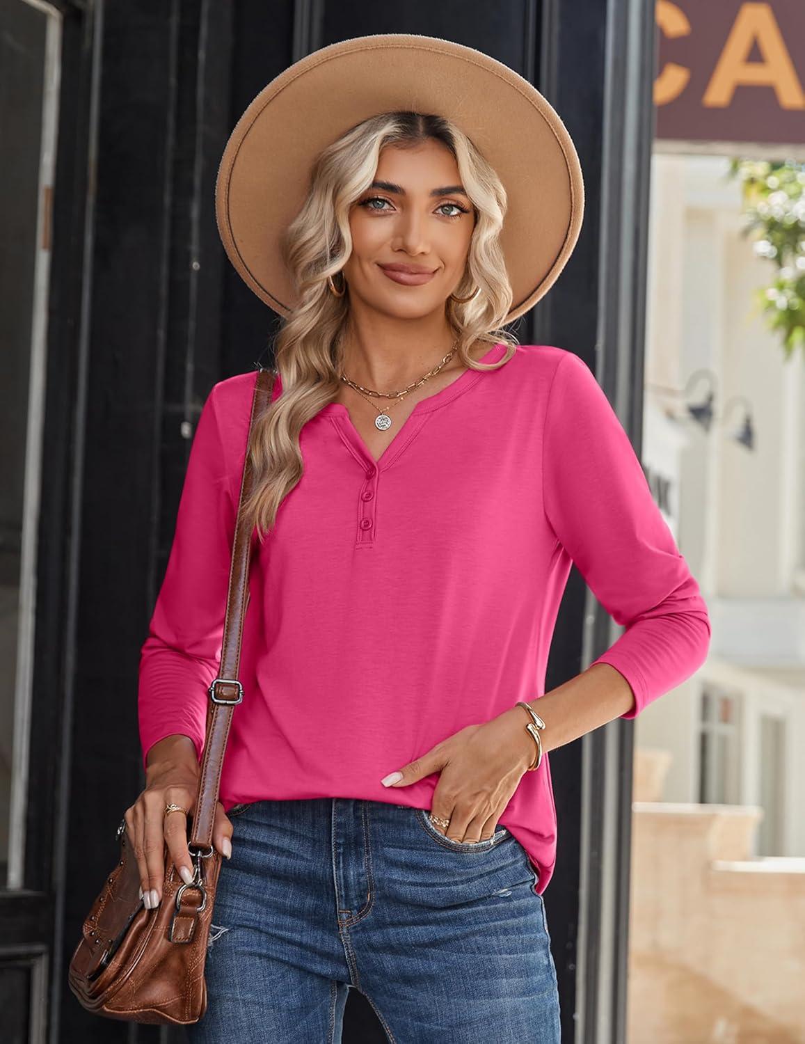 imageZeagoo Long Sleeve Shirts for Women Casual V Neck Fall Tops Dressy Summer Work Blouses ClothesHot Pink