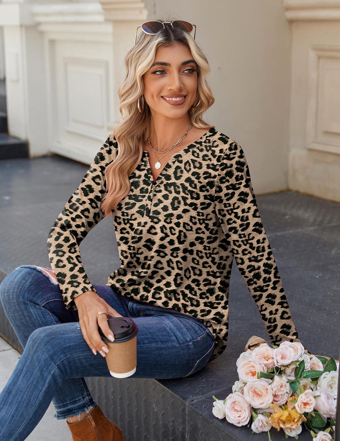 imageZeagoo Long Sleeve Shirts for Women Casual V Neck Fall Tops Dressy Summer Work Blouses ClothesLeopard
