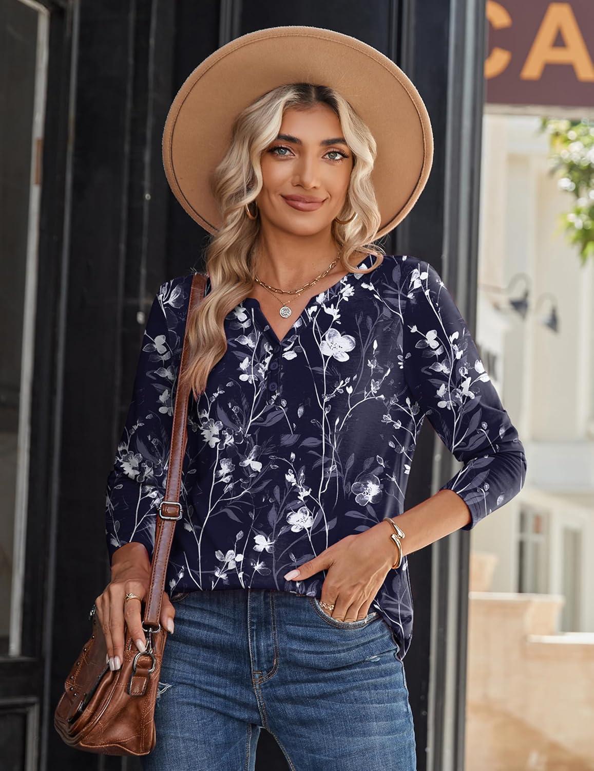 imageZeagoo Long Sleeve Shirts for Women Casual V Neck Fall Tops Dressy Summer Work Blouses ClothesNavy Floral 180