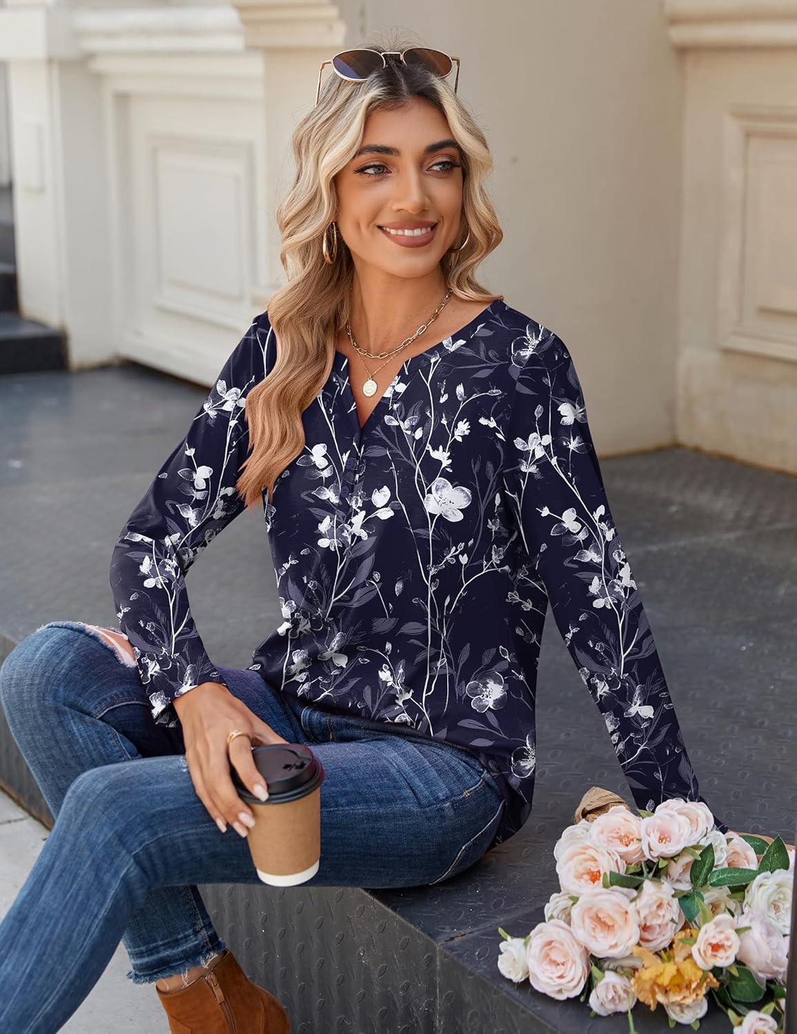 imageZeagoo Long Sleeve Shirts for Women Casual V Neck Fall Tops Dressy Summer Work Blouses ClothesNavy Floral 180