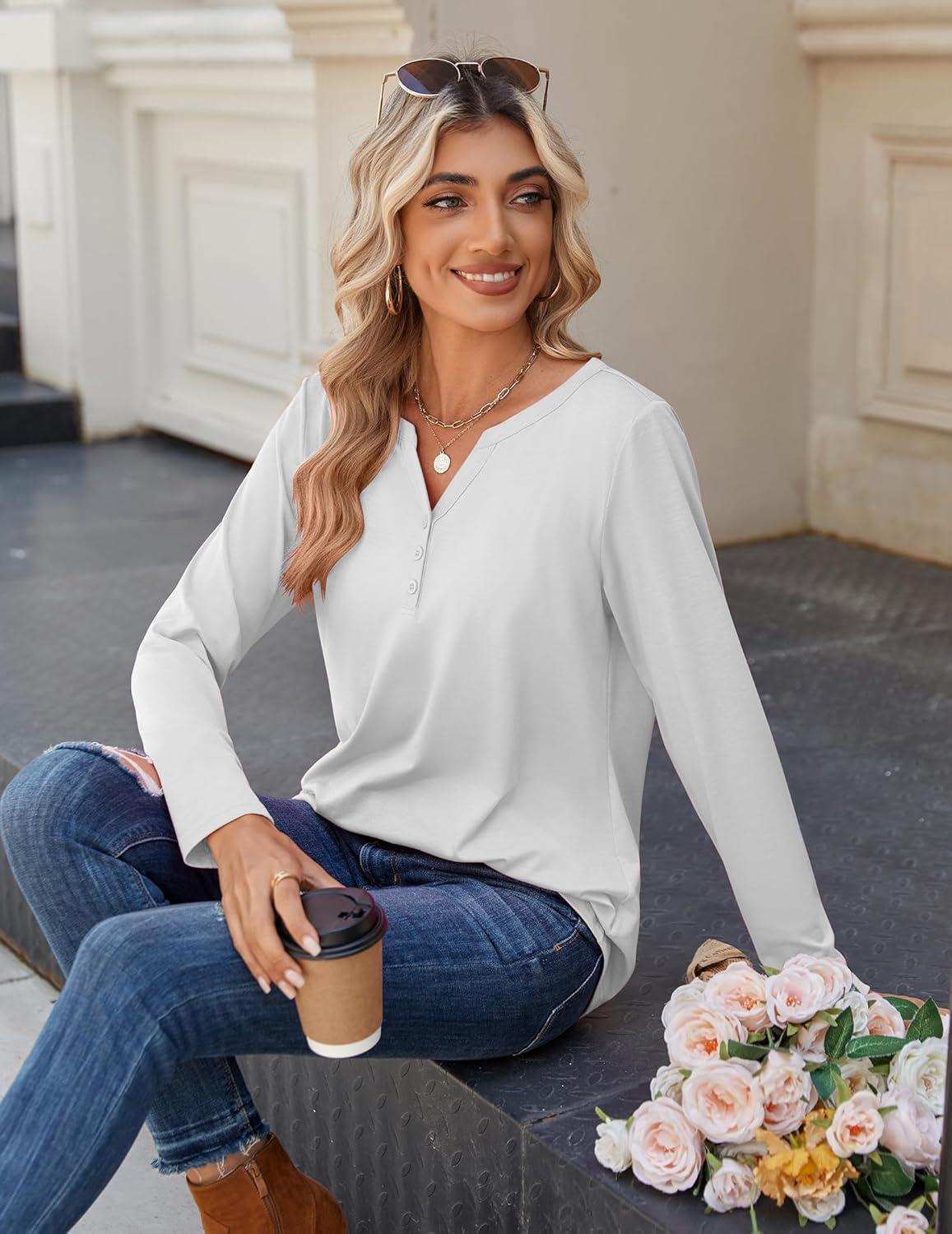 imageZeagoo Long Sleeve Shirts for Women Casual V Neck Fall Tops Dressy Summer Work Blouses ClothesWhite