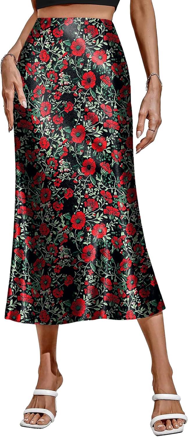 imageZeagoo Skirts for Women High Waist Skirt Elegant Midi Skirt SatinRed Floral