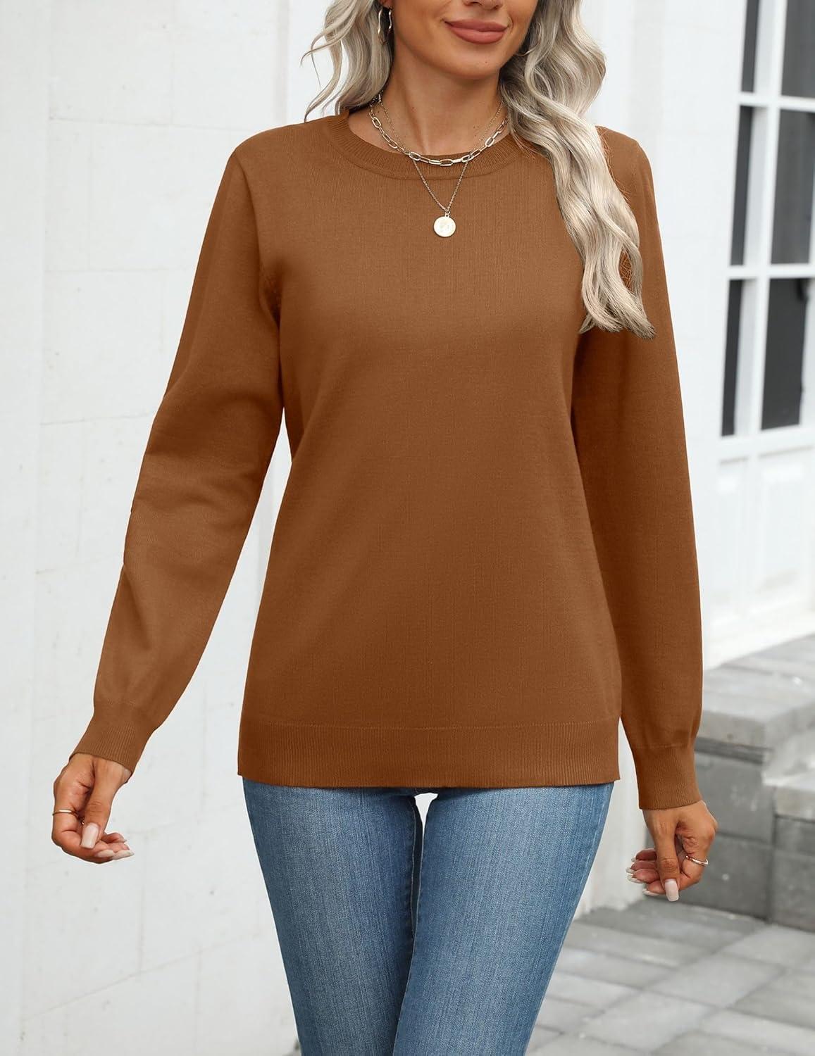 imageZeagoo Womens 2026 Fall Sweaters Long Sleeve Tops Classic Crew Neck Pullover Sweaters Loose Dressy Casual Basic ClothesCoffee