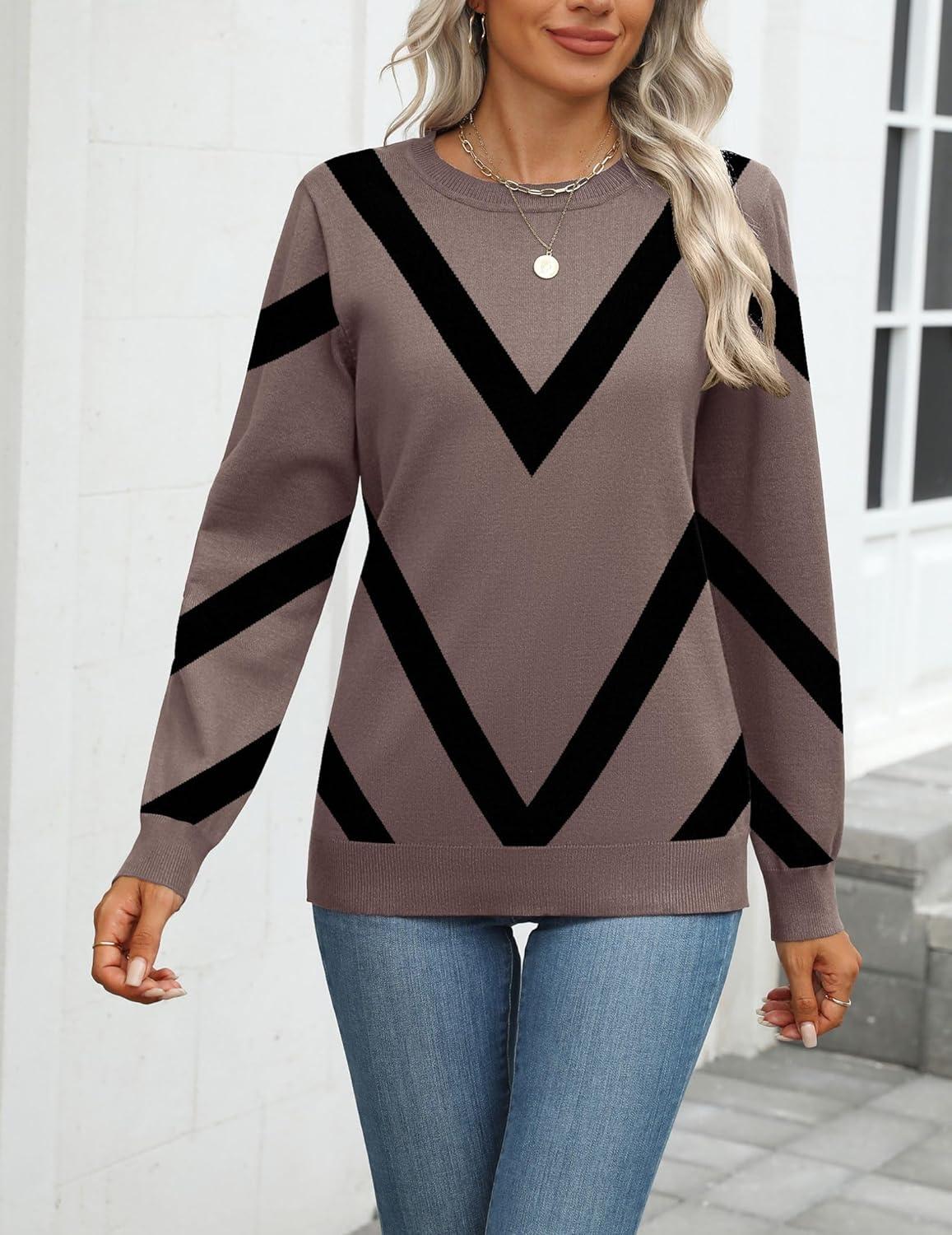 imageZeagoo Womens 2026 Fall Sweaters Long Sleeve Tops Classic Crew Neck Pullover Sweaters Loose Dressy Casual Basic ClothesGeometric Patternjh583
