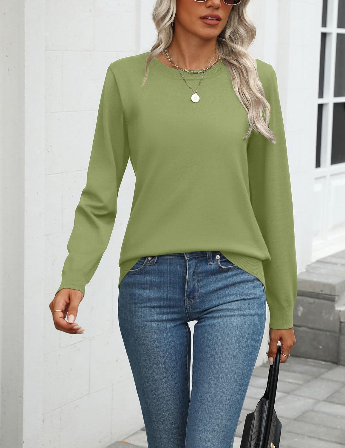 imageZeagoo Womens 2026 Fall Sweaters Long Sleeve Tops Classic Crew Neck Pullover Sweaters Loose Dressy Casual Basic ClothesGrass Green