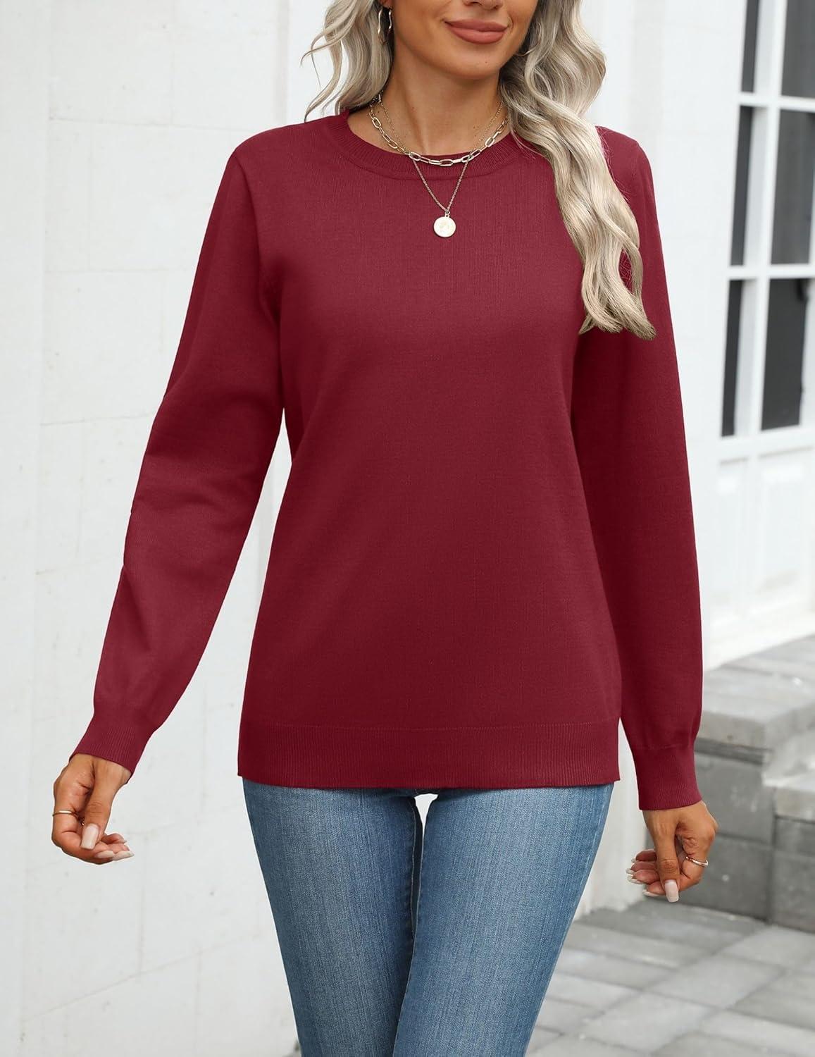 imageZeagoo Womens 2026 Fall Sweaters Long Sleeve Tops Classic Crew Neck Pullover Sweaters Loose Dressy Casual Basic ClothesWine Red