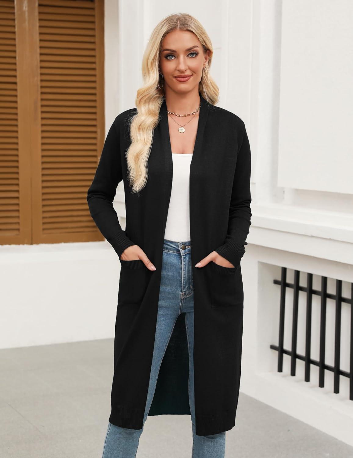 imageZeagoo Womens Long Cardigan Sweaters Lightweight Sweater Long Sleeve Open Front Casual Knit Duster Cardigans with PocketBlack