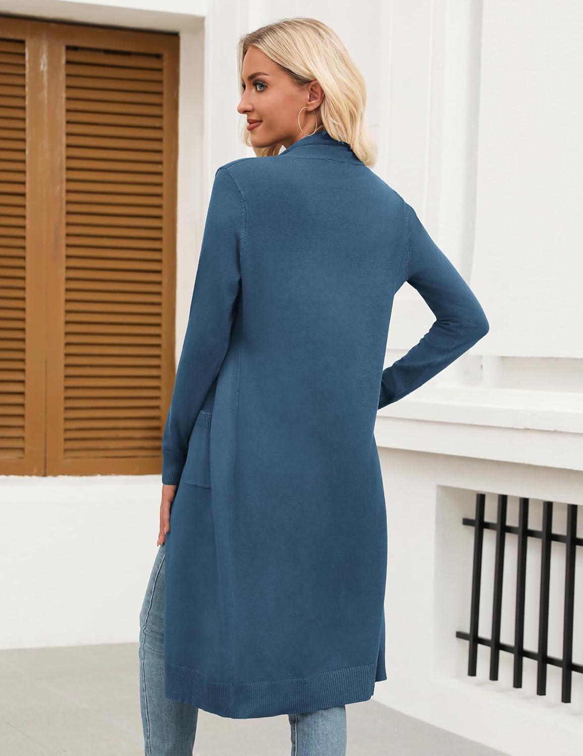 imageZeagoo Womens Long Cardigan Sweaters Lightweight Sweater Long Sleeve Open Front Casual Knit Duster Cardigans with PocketBlue