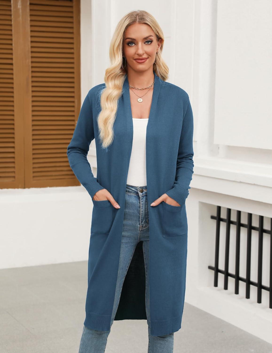imageZeagoo Womens Long Cardigan Sweaters Lightweight Sweater Long Sleeve Open Front Casual Knit Duster Cardigans with PocketBlue