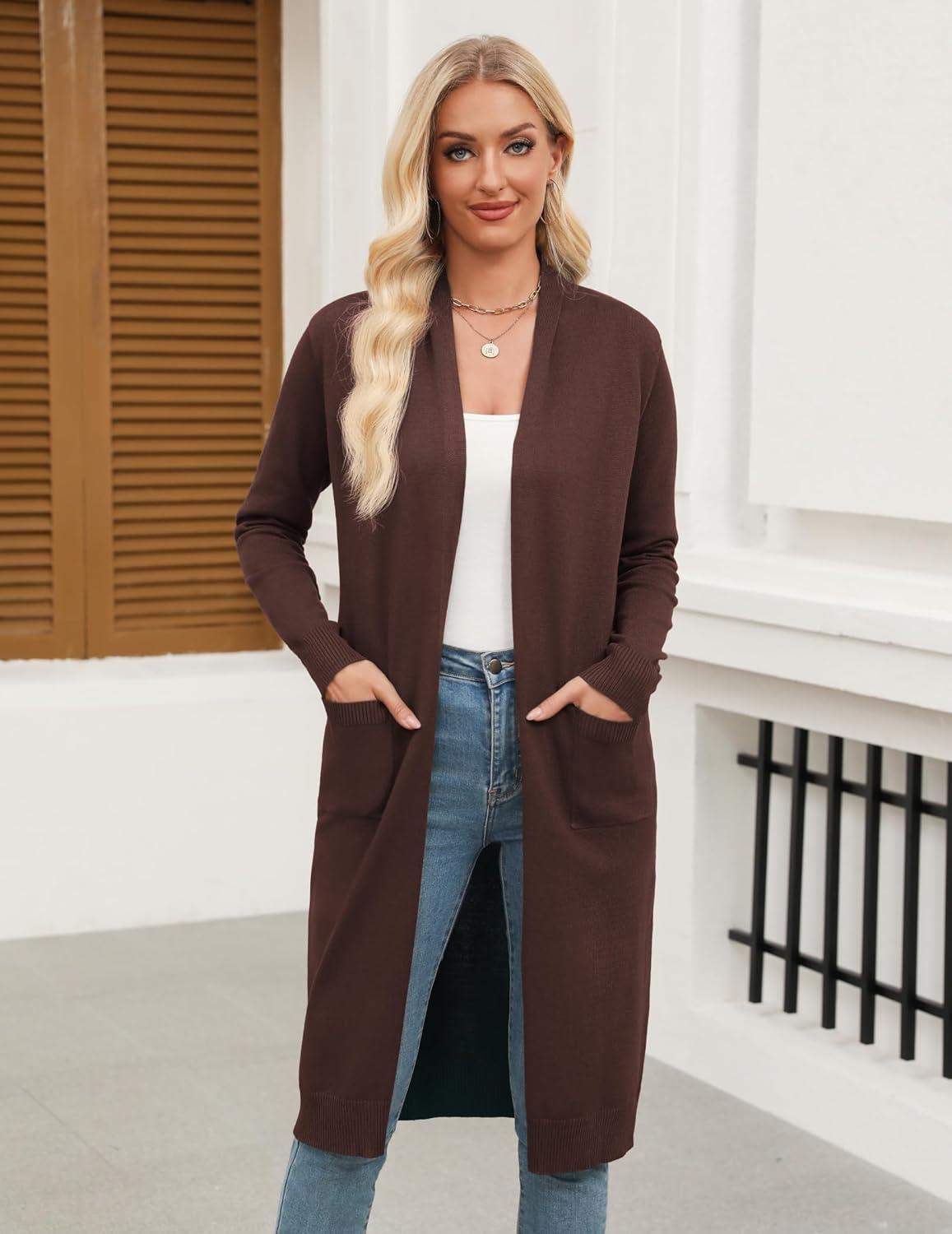 imageZeagoo Womens Long Cardigan Sweaters Lightweight Sweater Long Sleeve Open Front Casual Knit Duster Cardigans with PocketBrown