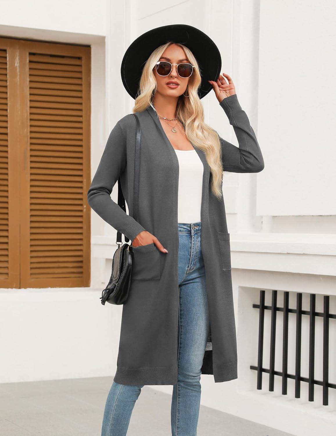 imageZeagoo Womens Long Cardigan Sweaters Lightweight Sweater Long Sleeve Open Front Casual Knit Duster Cardigans with PocketDark Grey