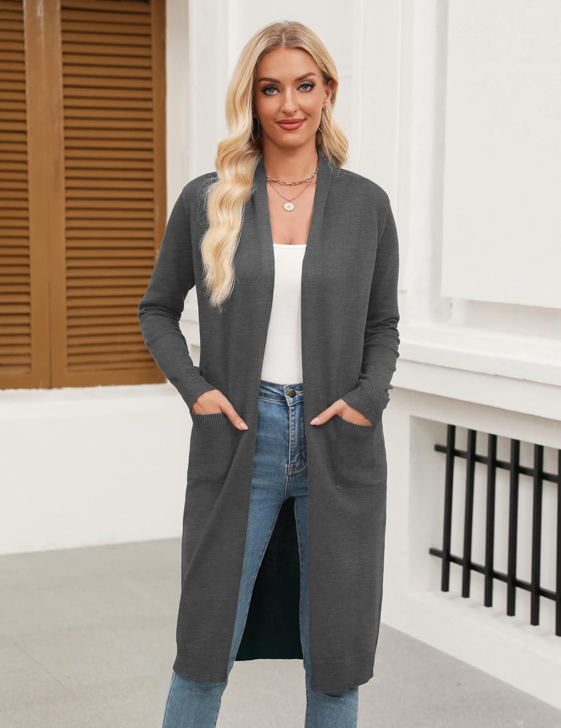 imageZeagoo Womens Long Cardigan Sweaters Lightweight Sweater Long Sleeve Open Front Casual Knit Duster Cardigans with PocketDark Grey