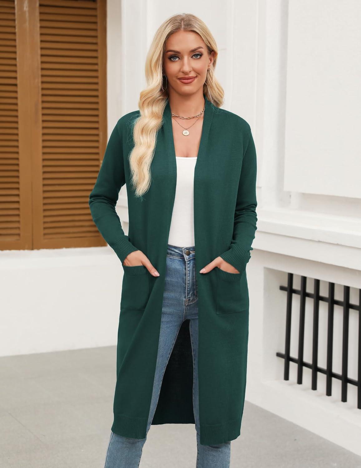 imageZeagoo Womens Long Cardigan Sweaters Lightweight Sweater Long Sleeve Open Front Casual Knit Duster Cardigans with PocketGreen