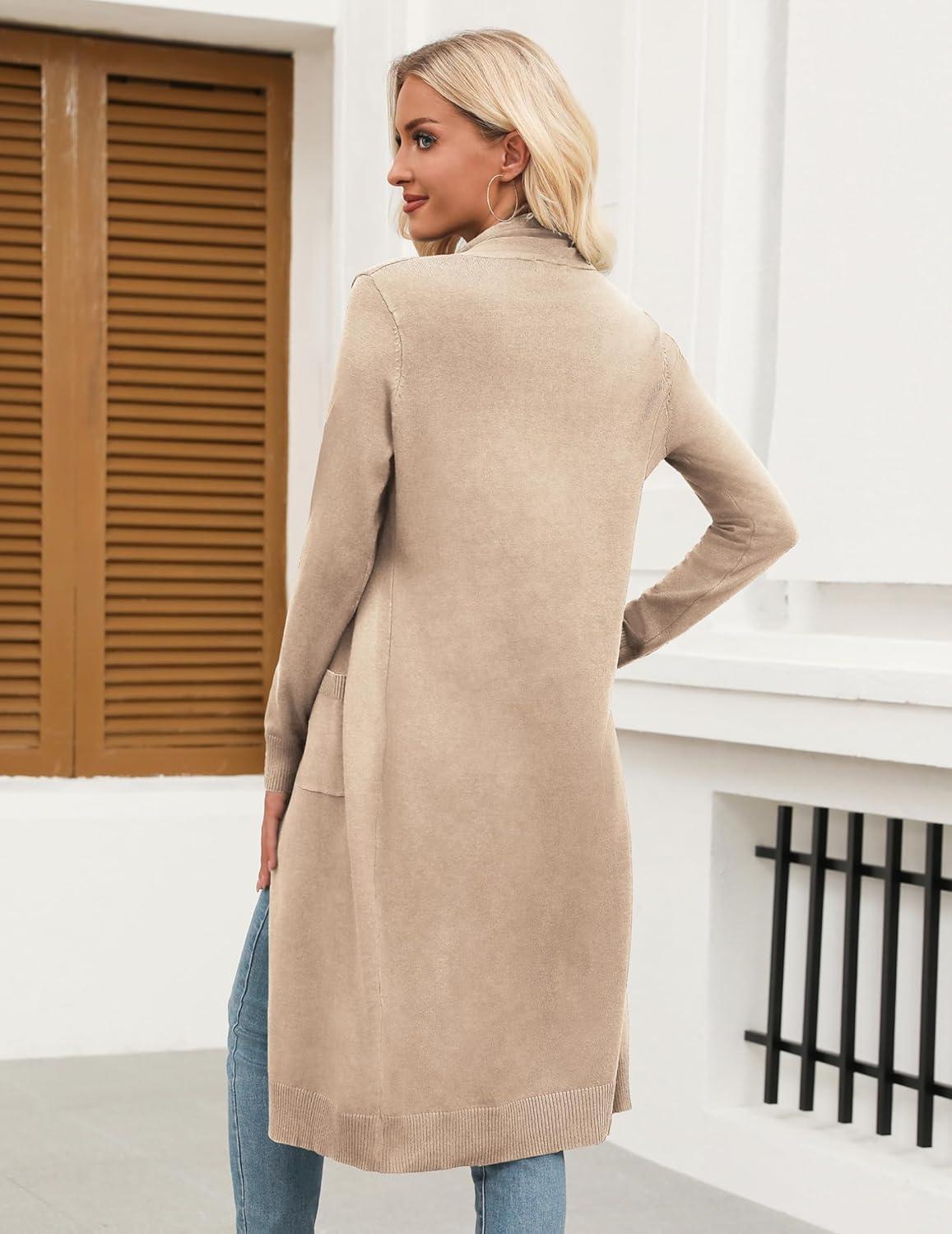 imageZeagoo Womens Long Cardigan Sweaters Lightweight Sweater Long Sleeve Open Front Casual Knit Duster Cardigans with PocketKbeige