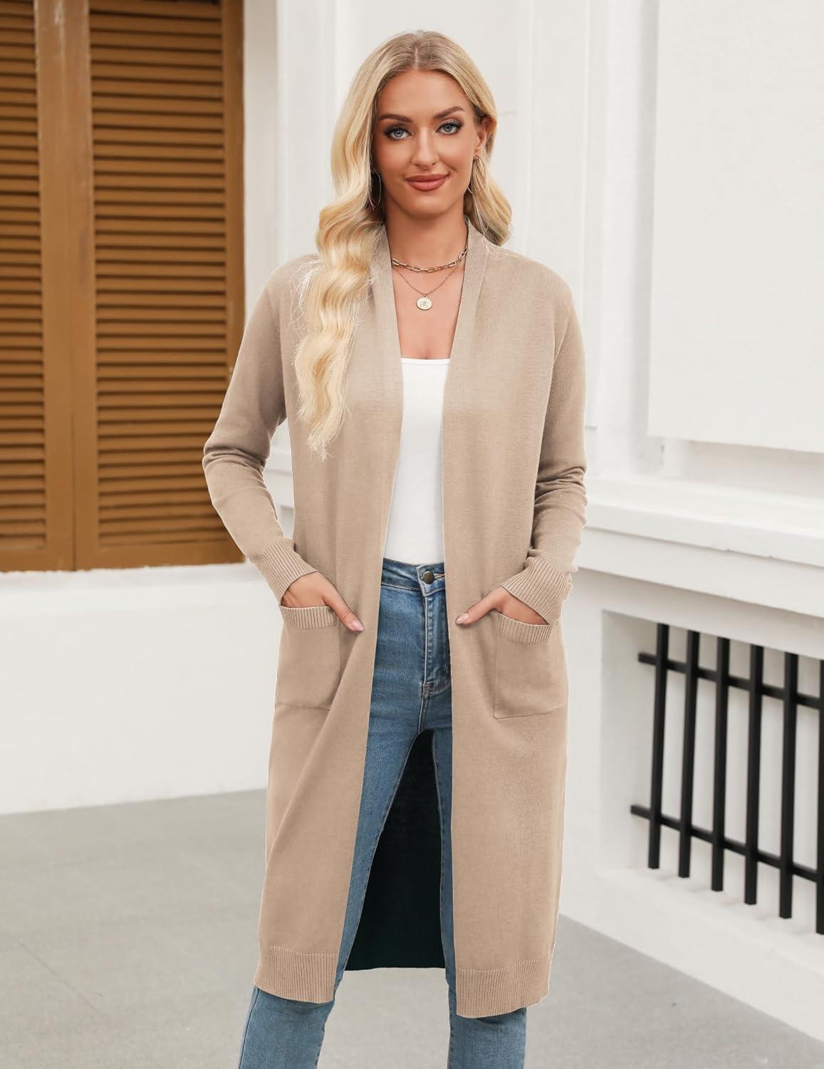 imageZeagoo Womens Long Cardigan Sweaters Lightweight Sweater Long Sleeve Open Front Casual Knit Duster Cardigans with PocketKbeige