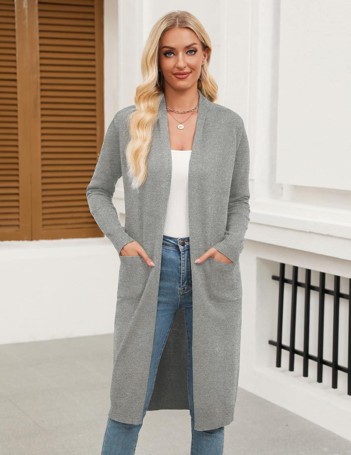 imageZeagoo Womens Long Cardigan Sweaters Lightweight Sweater Long Sleeve Open Front Casual Knit Duster Cardigans with PocketLight Grey