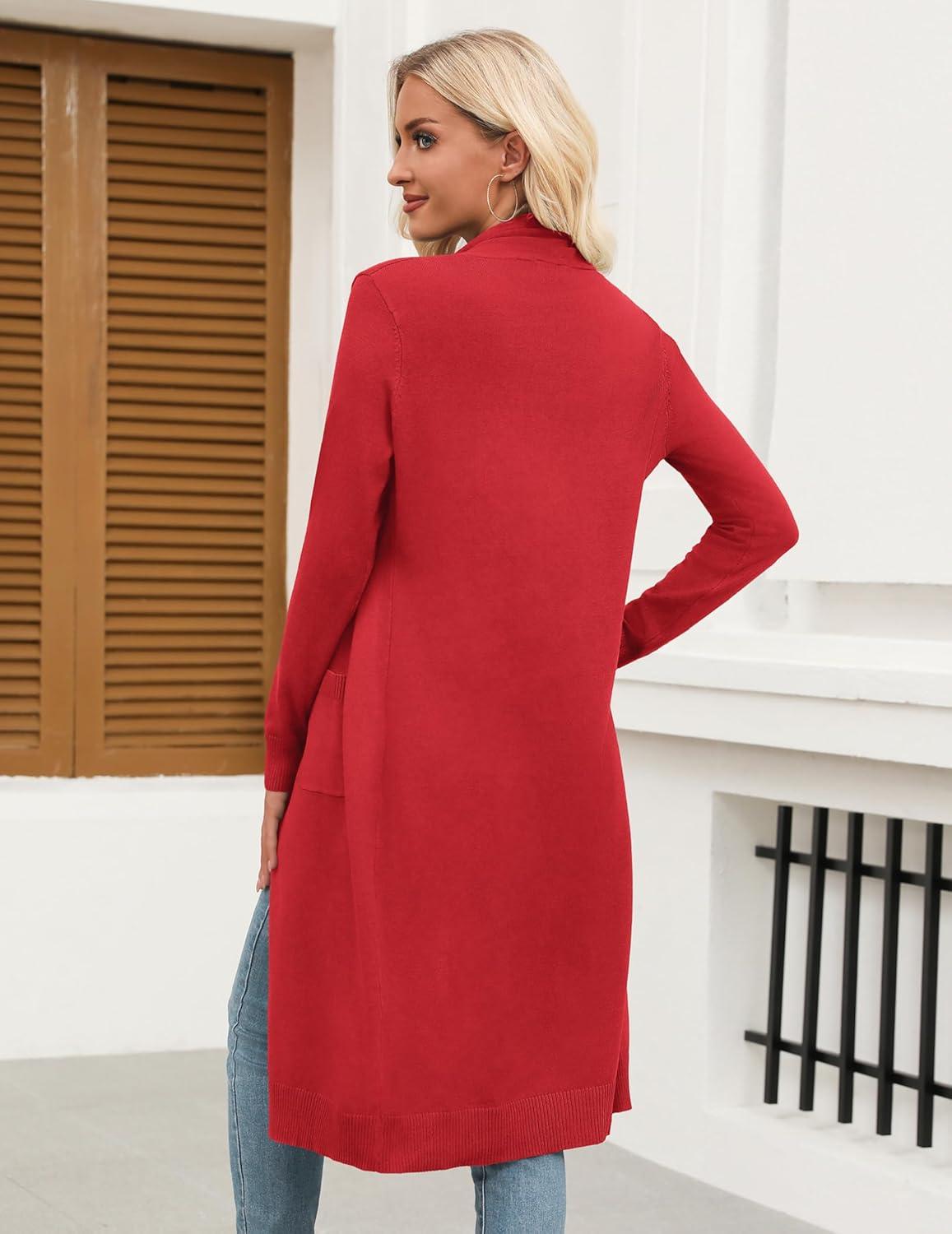 imageZeagoo Womens Long Cardigan Sweaters Lightweight Sweater Long Sleeve Open Front Casual Knit Duster Cardigans with PocketRed
