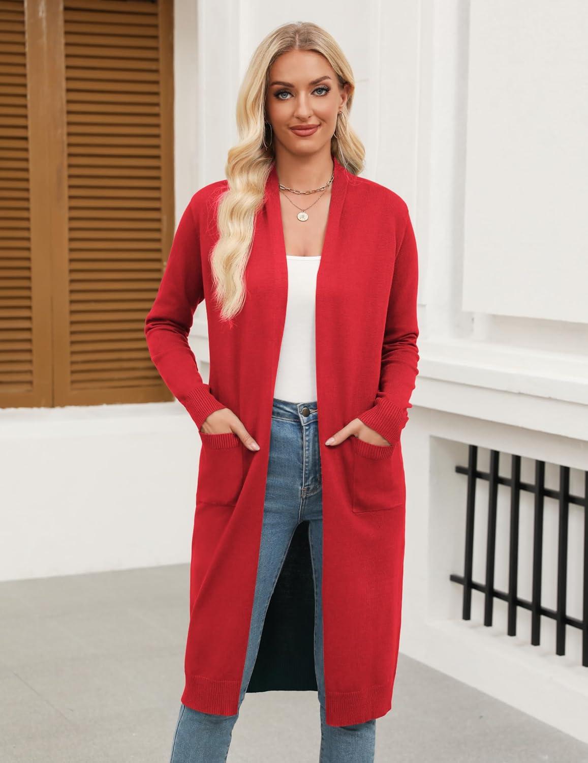 imageZeagoo Womens Long Cardigan Sweaters Lightweight Sweater Long Sleeve Open Front Casual Knit Duster Cardigans with PocketRed