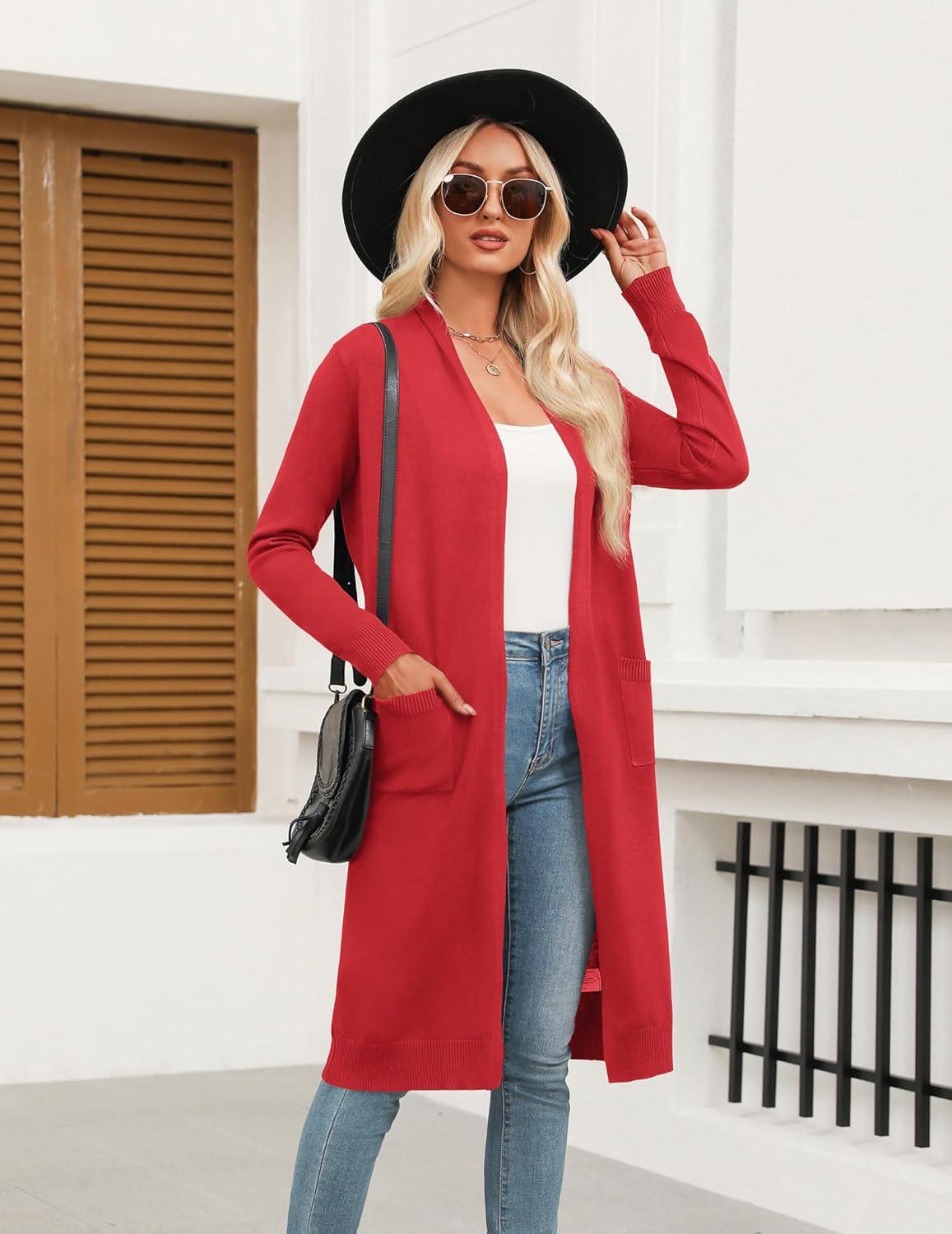 imageZeagoo Womens Long Cardigan Sweaters Lightweight Sweater Long Sleeve Open Front Casual Knit Duster Cardigans with PocketRed