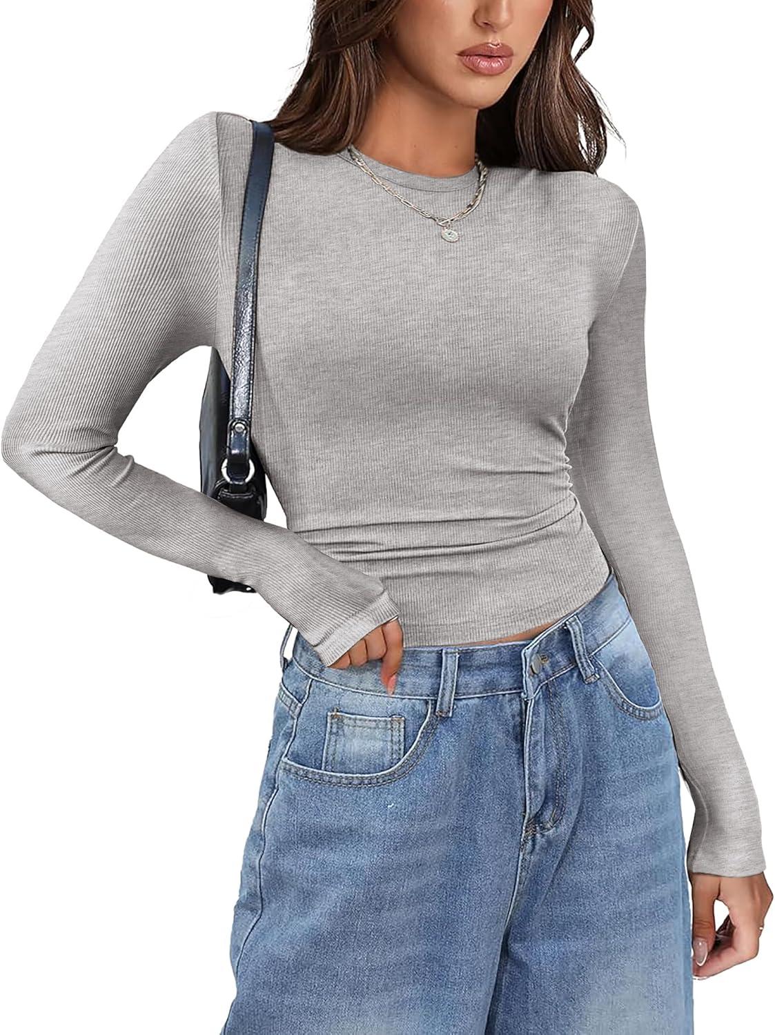 imageZeagoo Womens Long Sleeve Stretch Crewneck Ribbed TShirt Slim Fit Casual Basic Tops SXXLBlackgreydark Blue