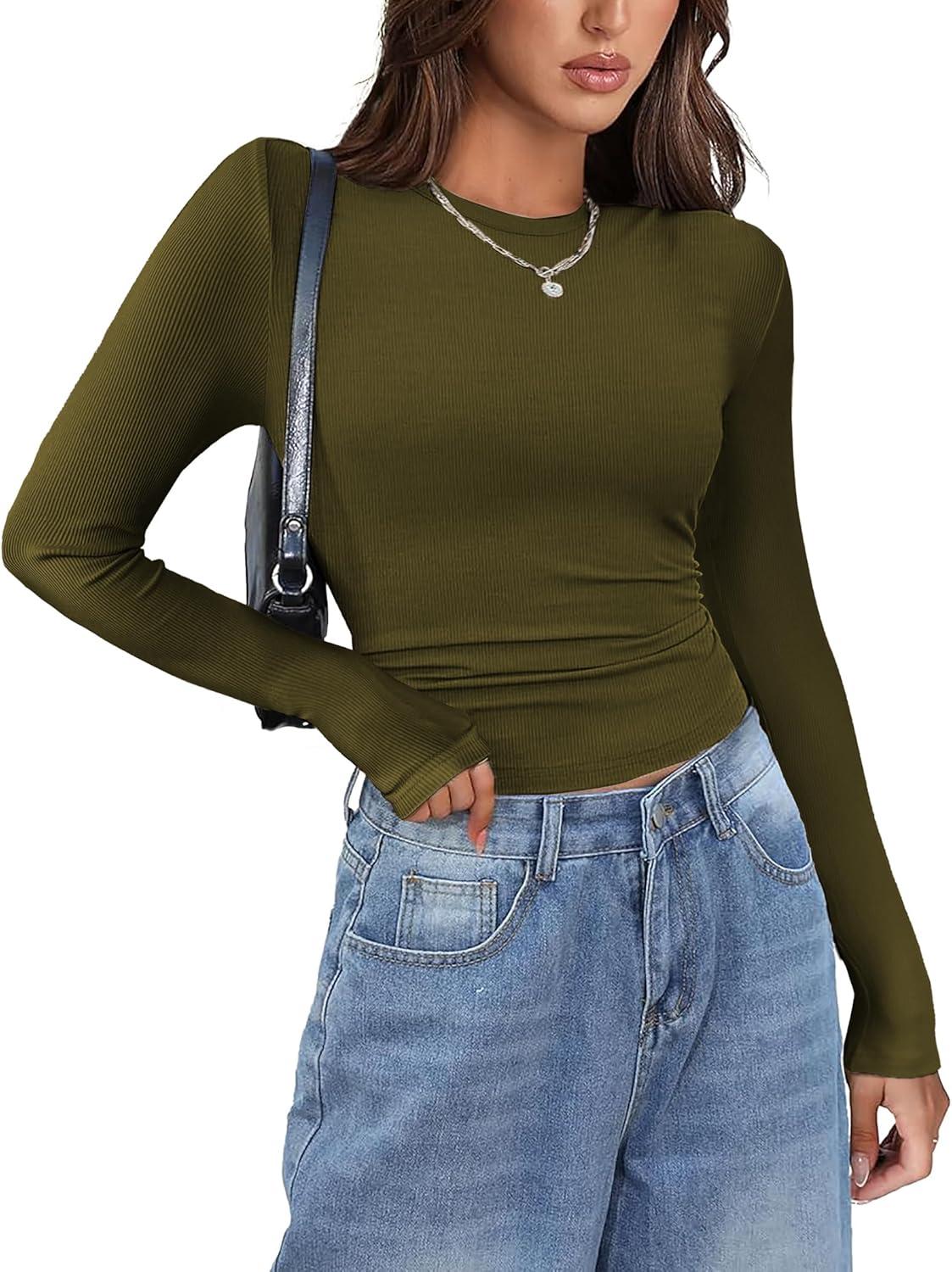 imageZeagoo Womens Long Sleeve Stretch Crewneck Ribbed TShirt Slim Fit Casual Basic Tops SXXLBlackwhitearmy Green