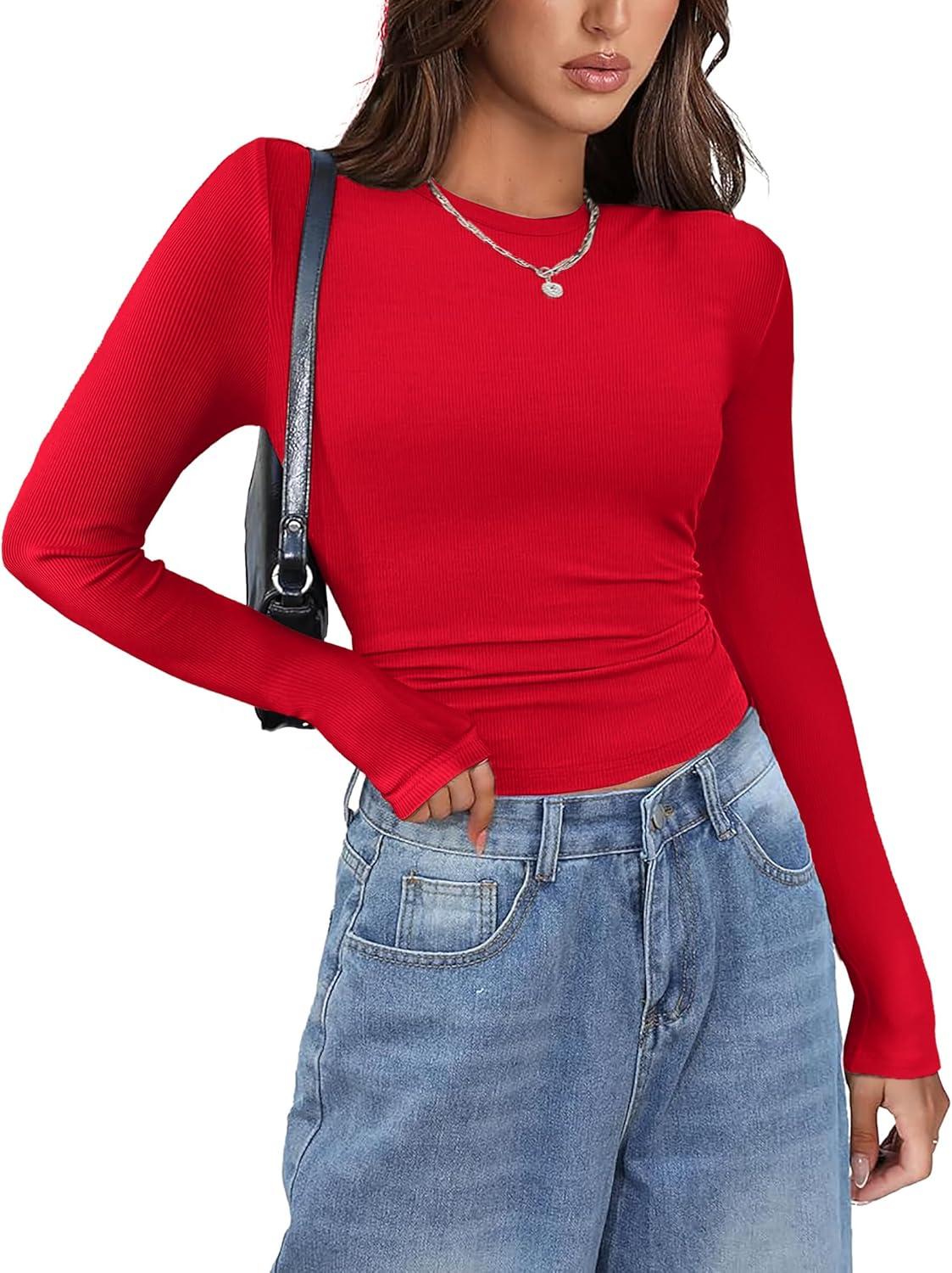 imageZeagoo Womens Long Sleeve Stretch Crewneck Ribbed TShirt Slim Fit Casual Basic Tops SXXLBlackwhitered