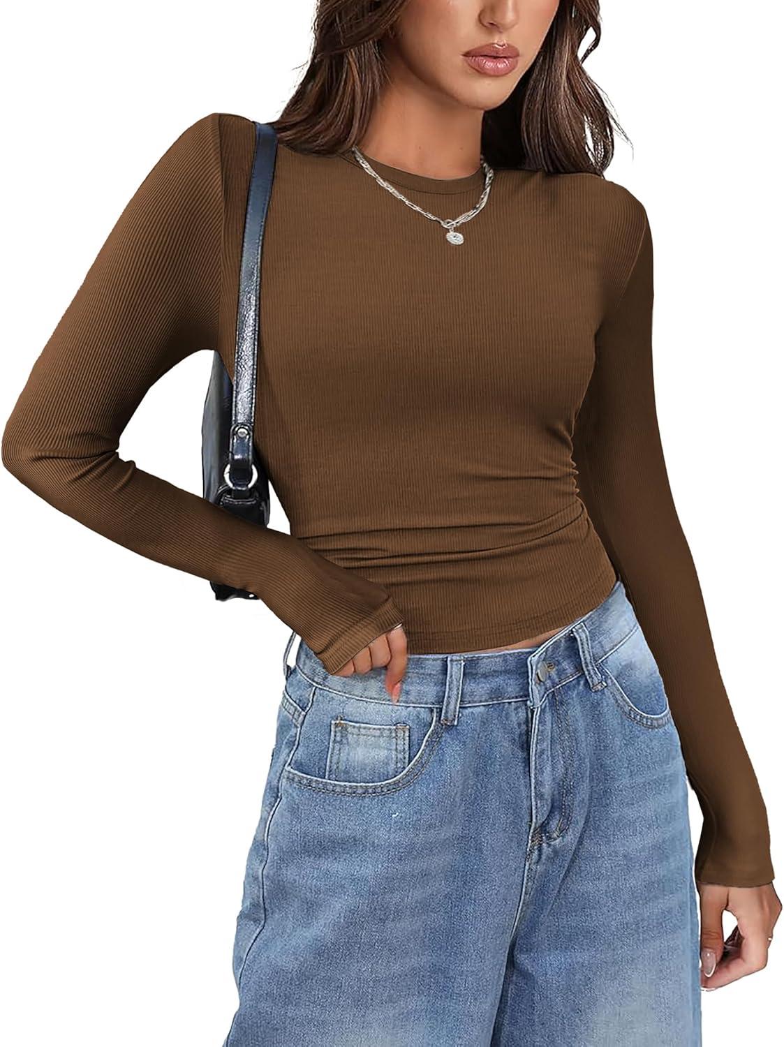 imageZeagoo Womens Long Sleeve Stretch Crewneck Ribbed TShirt Slim Fit Casual Basic Tops SXXLBrown