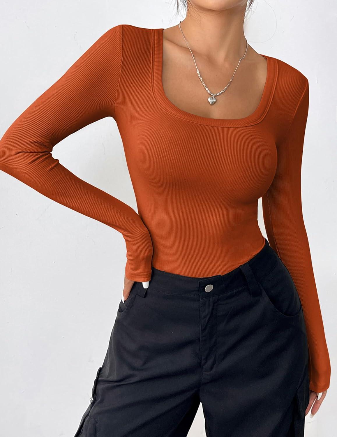 imageZeagoo Womens Long Sleeve Stretch Crewneck Ribbed TShirt Slim Fit Casual Basic Tops SXXLCaramel