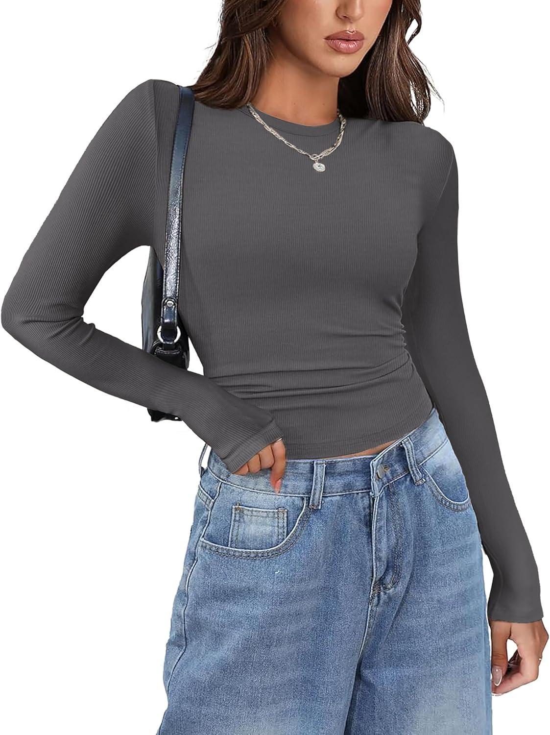 imageZeagoo Womens Long Sleeve Stretch Crewneck Ribbed TShirt Slim Fit Casual Basic Tops SXXLCharcoal Grey