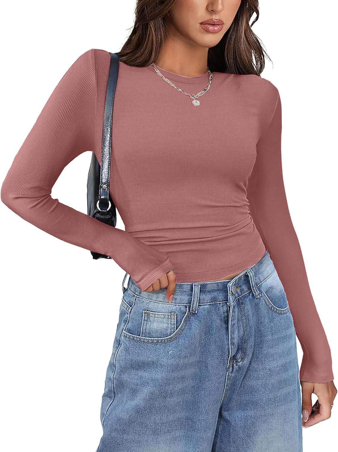 imageZeagoo Womens Long Sleeve Stretch Crewneck Ribbed TShirt Slim Fit Casual Basic Tops SXXLDusty Pink